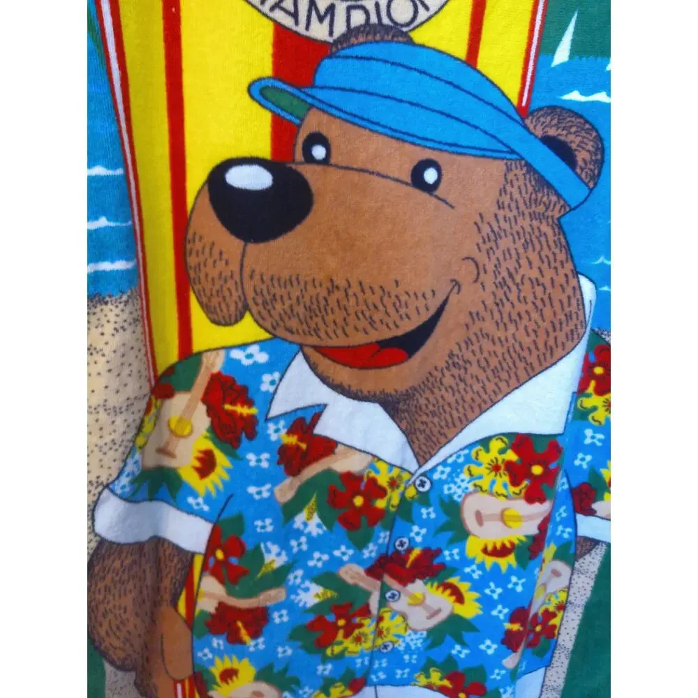Vintage 80s Seven Seas Duke Surf Bear Beach Towel Neon Tropical Cartoon Cotton